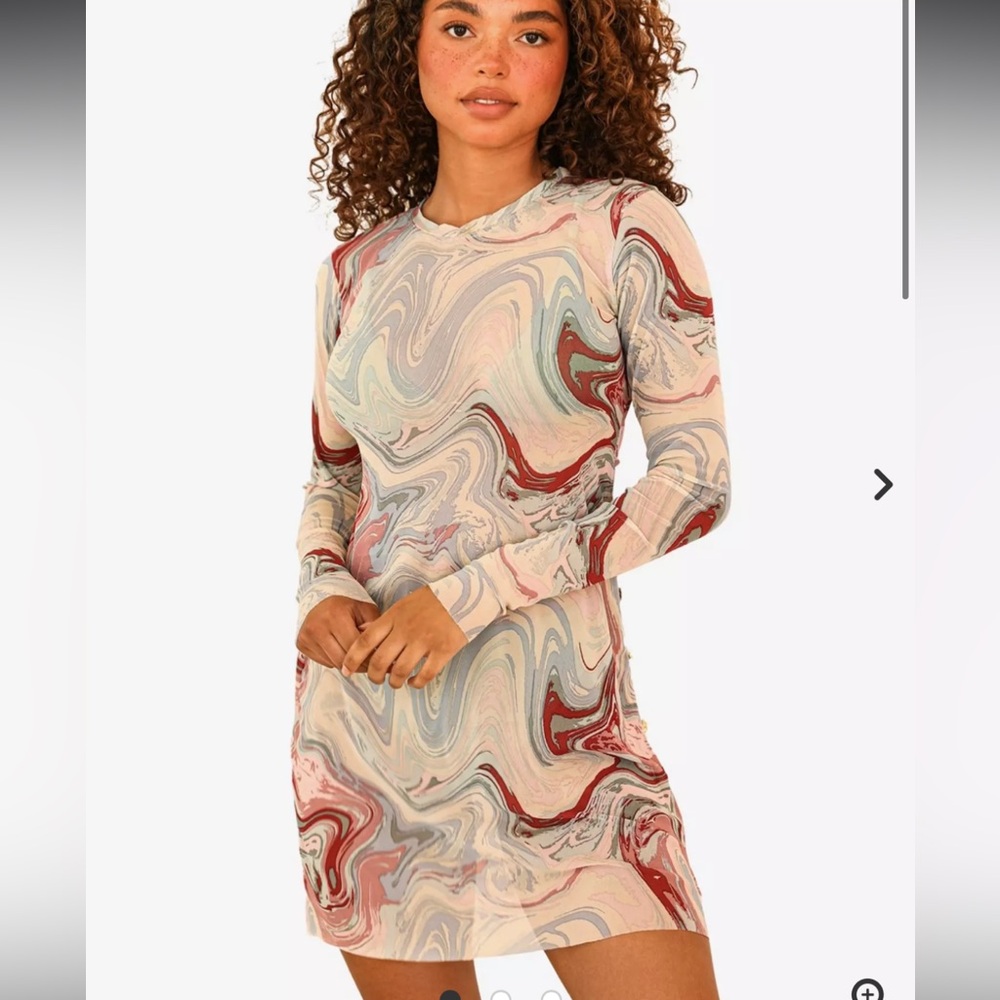 Mesh Swirl Print Long Sleeve Mini Dress - Multicolor